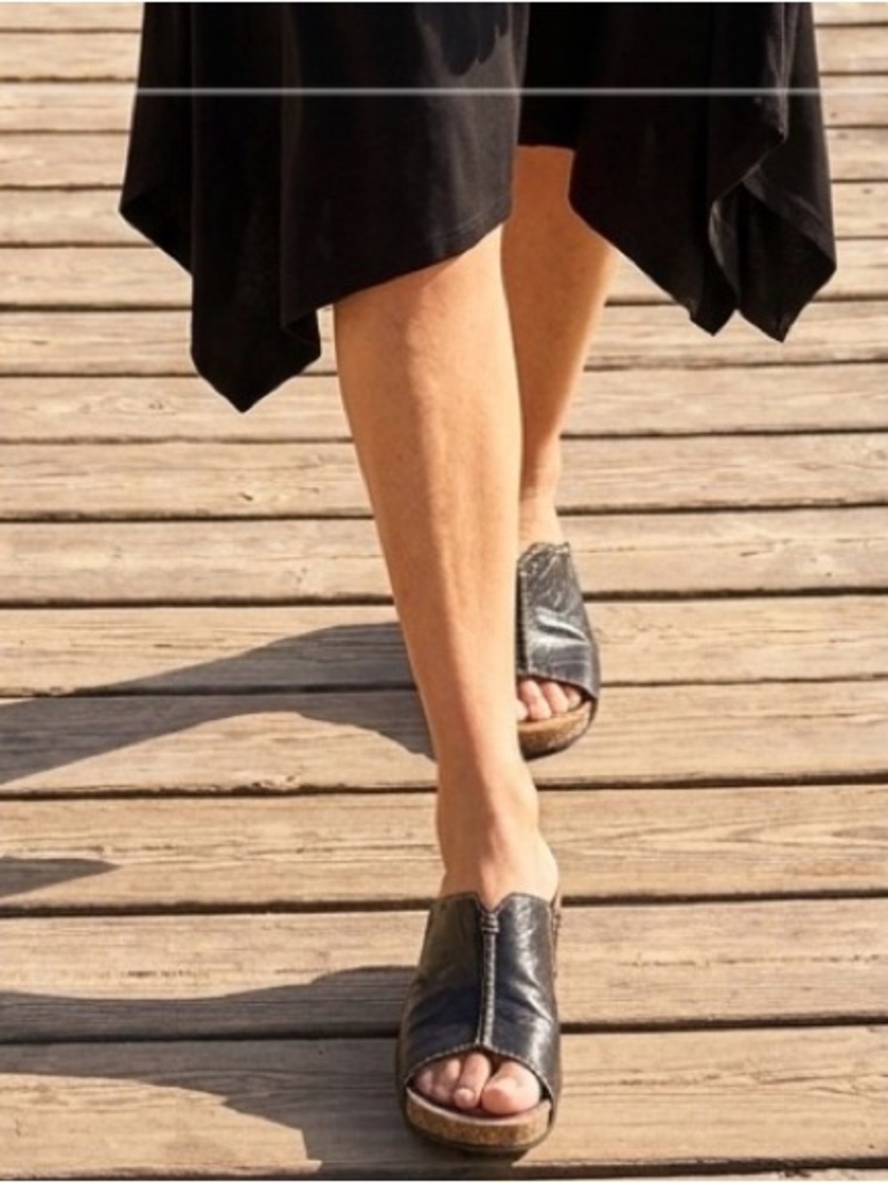 Josef Seibel Black Leather Open-Toe Slip-On Wedge Mules